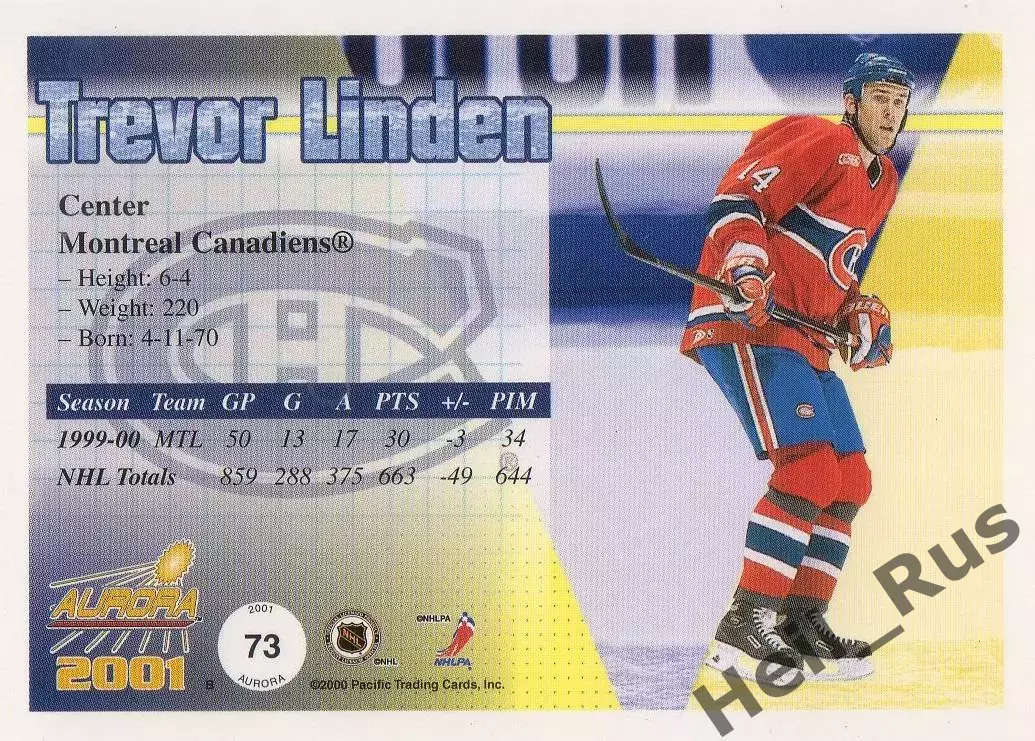 Карточка T. Linden/Тревор Линден (Montreal Canadiens/Монреаль Канадиенс) НХЛ/NHL 1