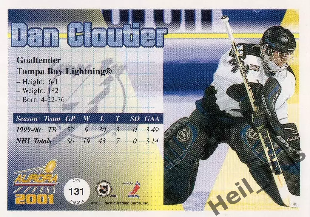 Карточка Dan Cloutier/Дэн Клутье Tampa Bay Lightning/Тампа-Бэй Лайтнинг NHL/НХЛ 1