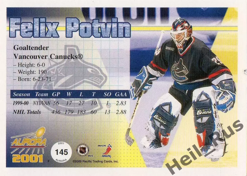 Карточка Felix Potvin/Феликс Потвен (Vancouver Canucks/Ванкувер Кэнакс) НХЛ/NHL 1
