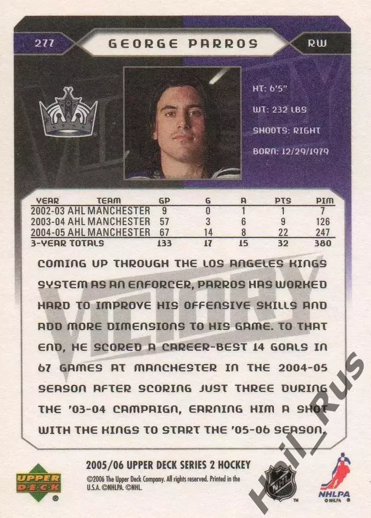 Карточка G. Parros/Джордж Паррос (Los Angeles Kings/Лос-Анджелес Кингз) НХЛ/NHL 1