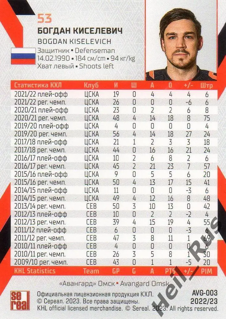 Хоккей. Карточка Богдан Киселевич (Авангард Омск) КХЛ/KHL сезон 2022/23 SeReal 1