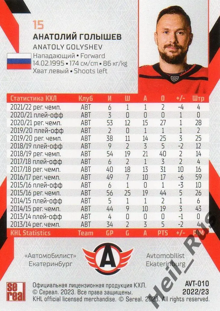 Хоккей Карточка Анатолий Голышев Автомобилист Екатеринбург КХЛ/KHL сезон 2022/23 1