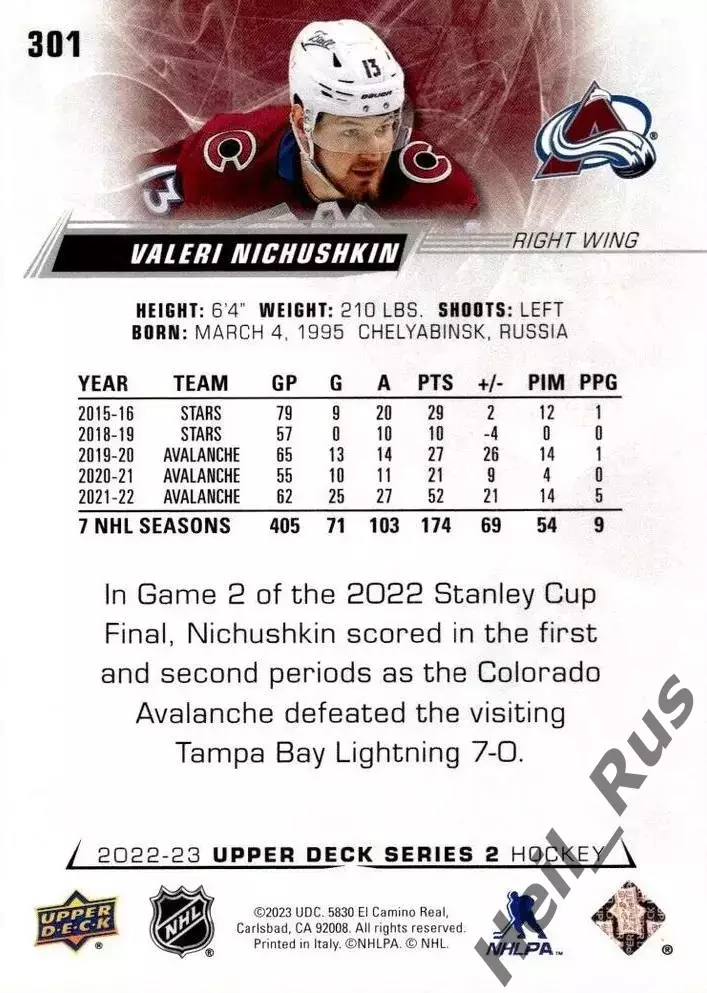 Карточка Валерий Ничушкин Colorado Avalanche/Колорадо, Трактор, ЦСКА НХЛ/NHL КХЛ 1