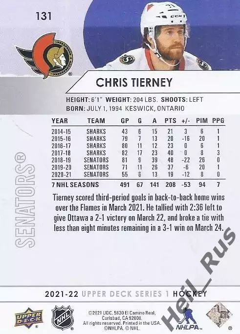 Хоккей Карточка Кристофер Тирни Ottawa Senators/Оттава, Динамо Минск НХЛ/NHL/КХЛ 1