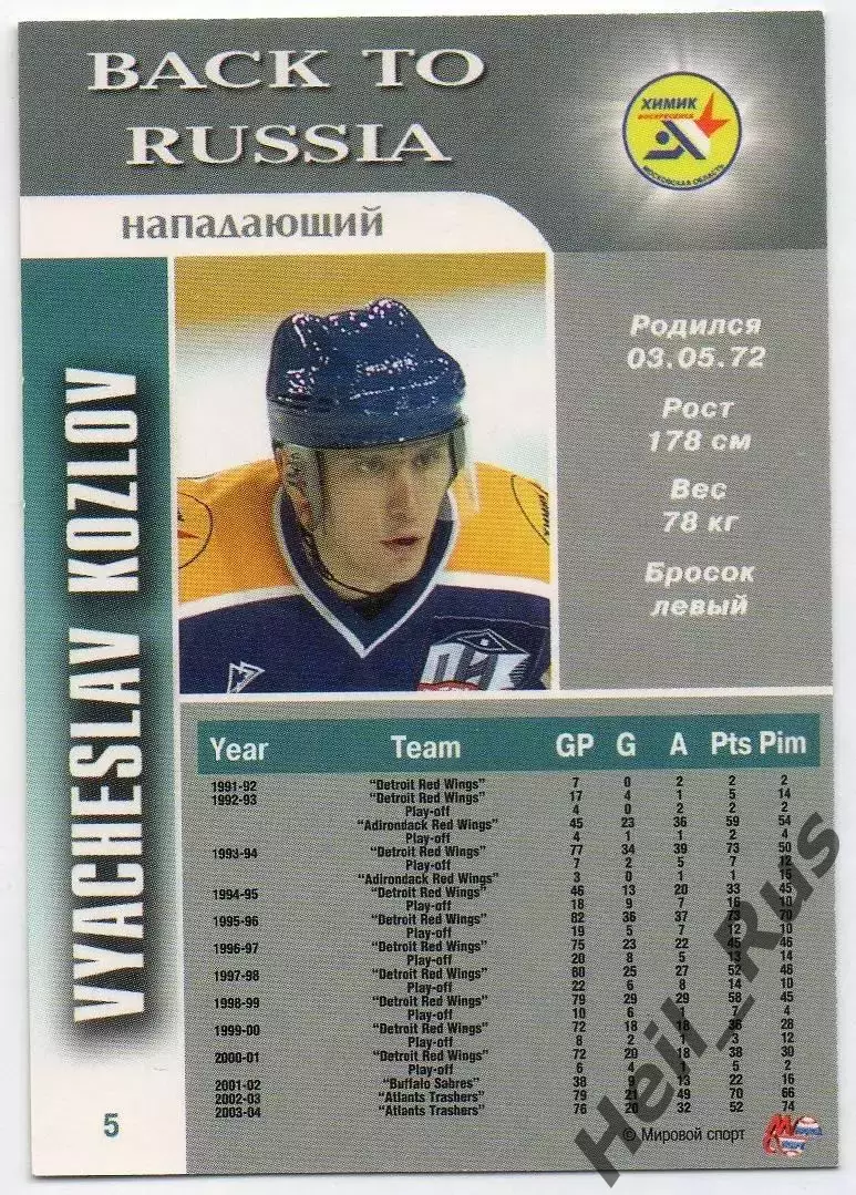Хоккей. Карточка Вячеслав Козлов (Химик Воскресенск) Чемпионат России 2004-2005 1