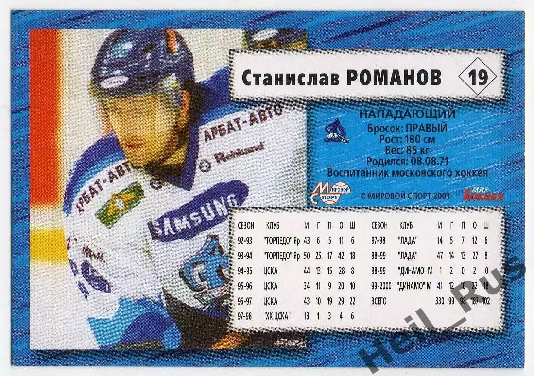 Хоккей. Карточка Станислав Романов (Динамо Москва) Чемпионат России 2000-2001 1