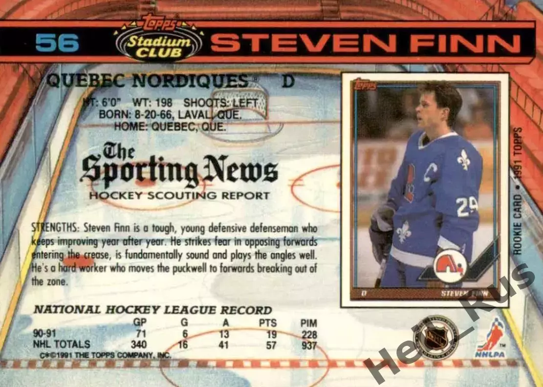 Хоккей; Карточка Steven Finn/Стивен Финн Quebec Nordiques/Квебек Нордикс НХЛ/NHL 1