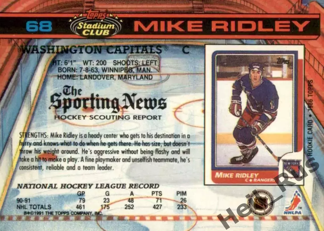 Карточка Mike Ridley/Майк Ридли (Washington Capitals/Вашингтон Кэпиталз) НХЛ/NHL 1