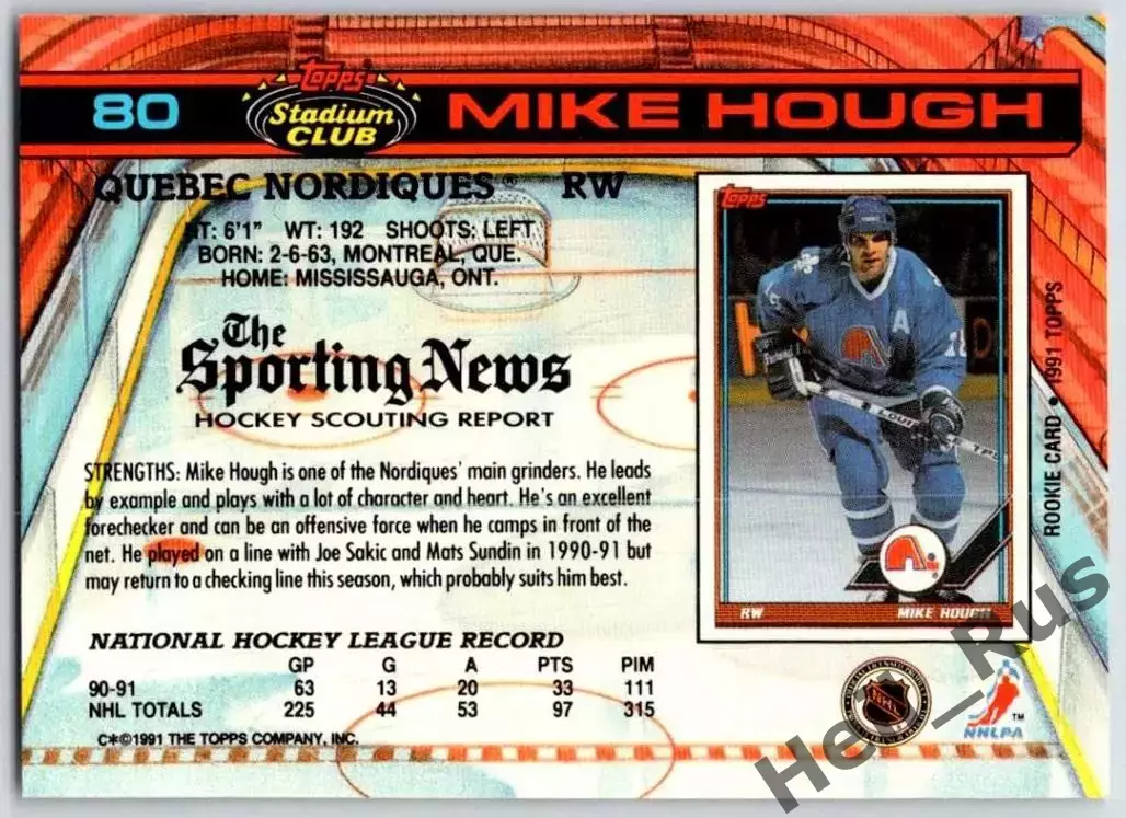 Хоккей; Карточка Mike Hough/Майк Хоу (Quebec Nordiques/Квебек Нордикс) НХЛ/NHL 1