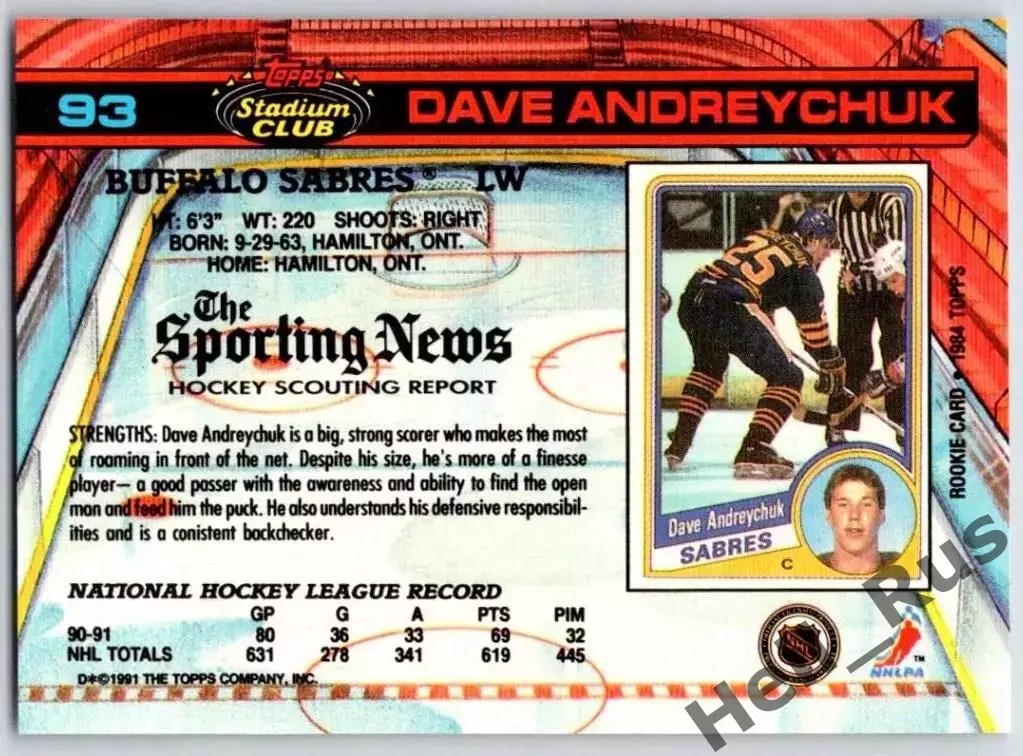 Карточка Dave Andreychuk/Дэйв Андрейчук (Buffalo Sabres/Баффало Сейбрз) НХЛ/NHL 1
