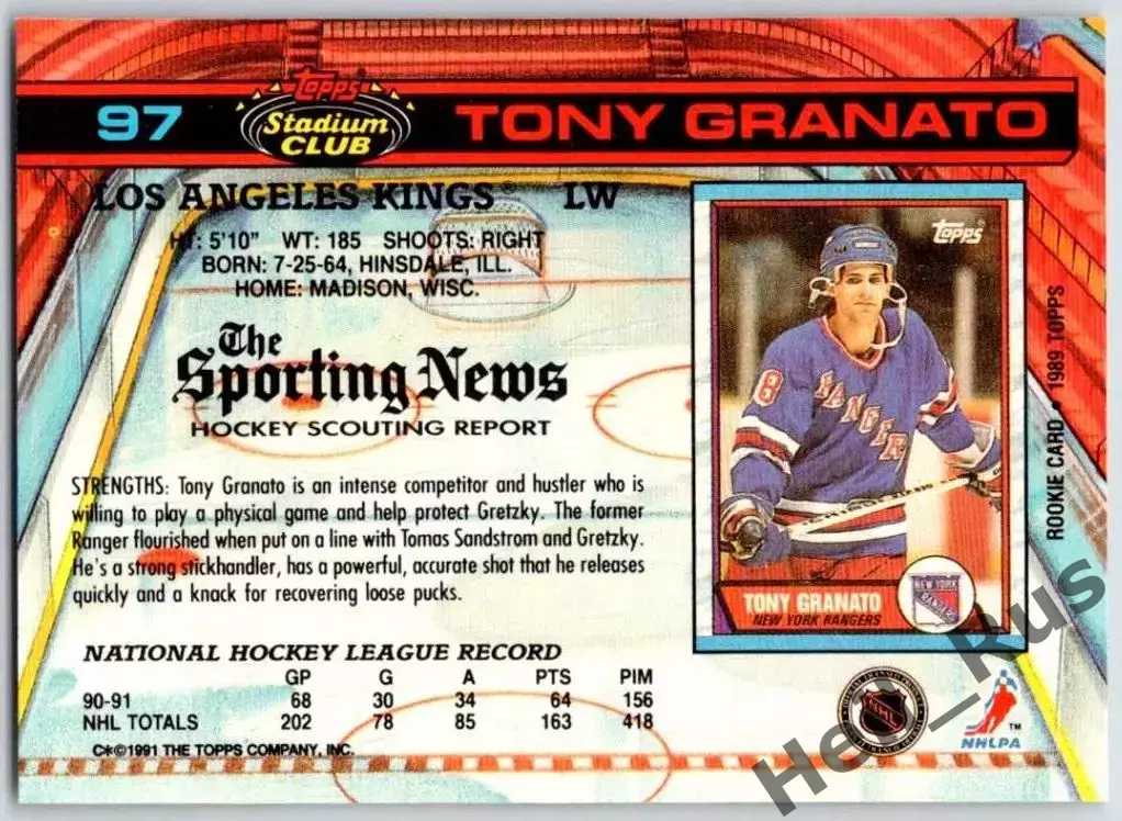 Карточка Tony Granato/Тони Гранато Los Angeles Kings/Лос-Анджелес Кингз; НХЛ/NHL 1
