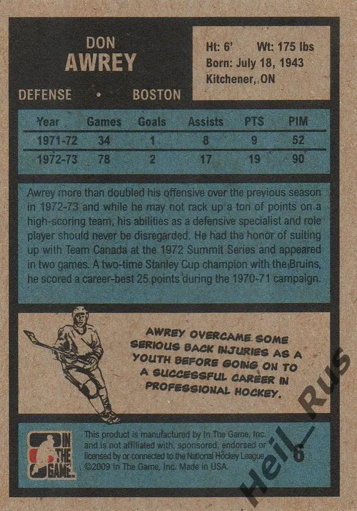 Хоккей. Карточка Don Awrey/Дон Оури (Boston Bruins/Бостон Брюинз) НХЛ/NHL 2009 1