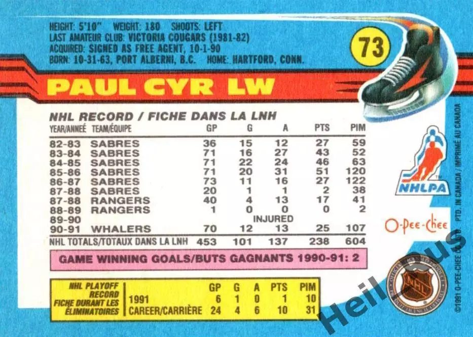 Хоккей. Карточка Paul Cyr/Пол Сир (Hartford Whalers / Хартфорд Уэйлерс) НХЛ/NHL 1