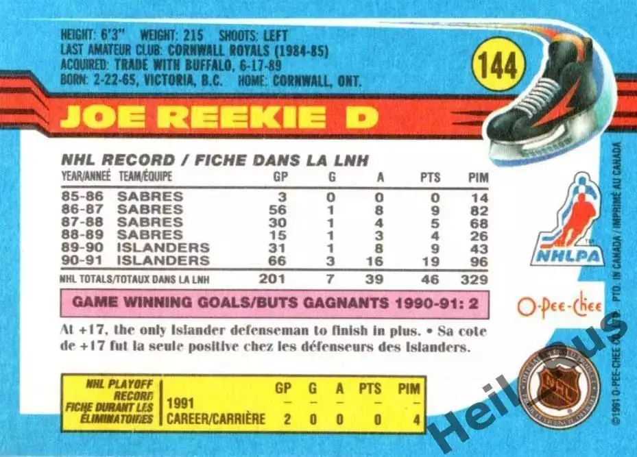 Карточка Joe Reekie/Джозеф Рики (New York Islanders/Нью-Йорк Айлендерс) NHL/НХЛ 1