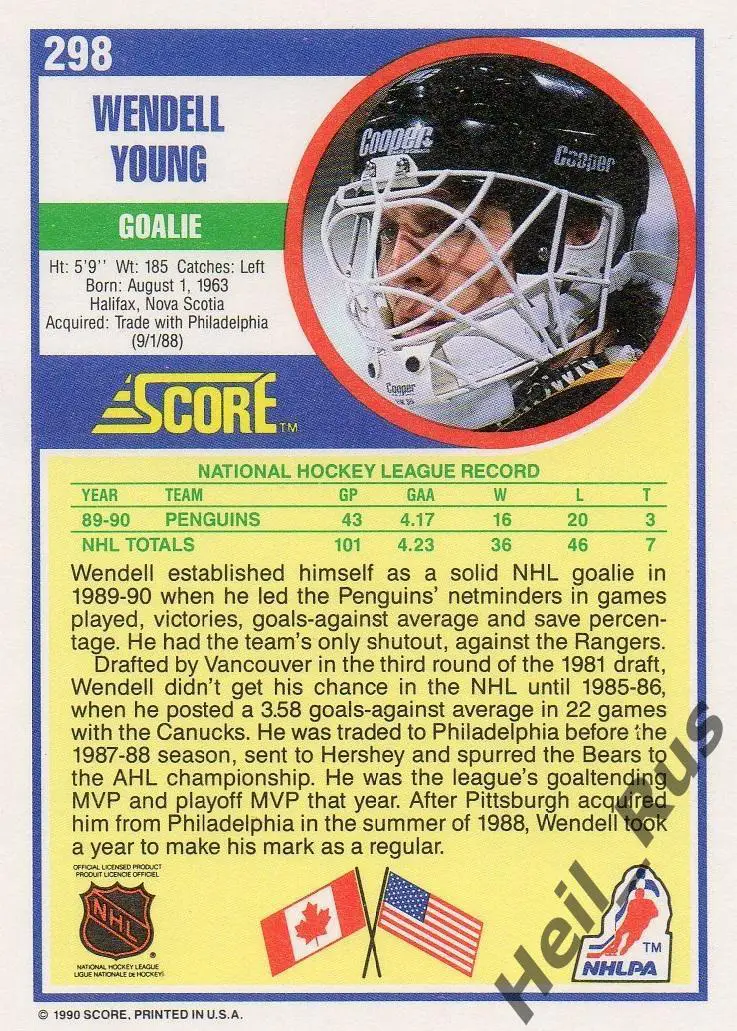 Хоккей. Карточка Wendell Young/Уэнделл Янг Pittsburgh Penguins/Питтсбург НХЛ/NHL 1