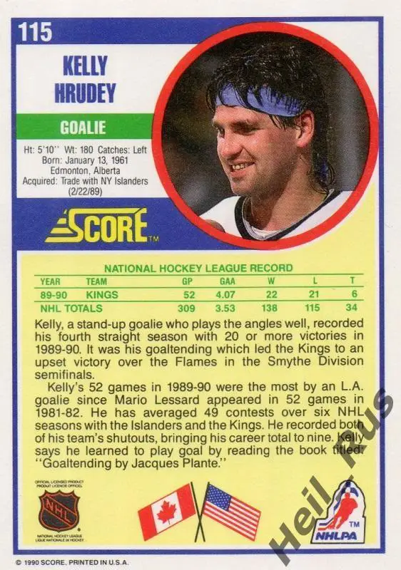 Хоккей. Карточка Kelly Hrudey / Келли Хруди (Los Angeles Kings / Кингз) НХЛ/NHL 1