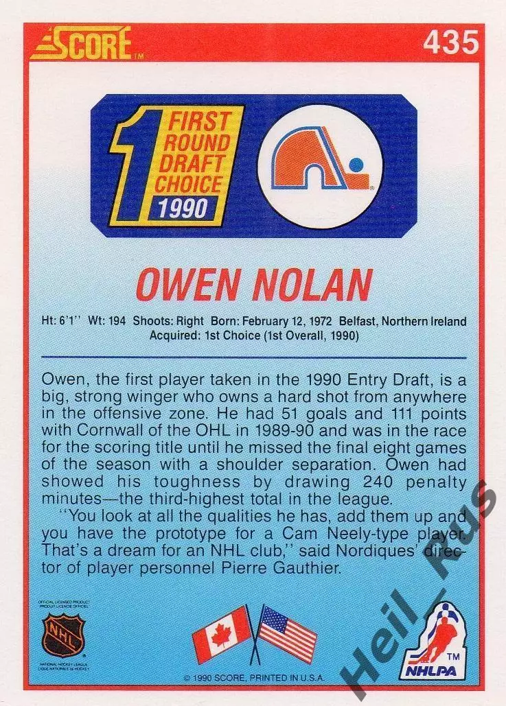 Хоккей; Карточка Owen Nolan/Оуэн Нолан (Quebec Nordiques/Квебек Нордикс) НХЛ/NHL 1