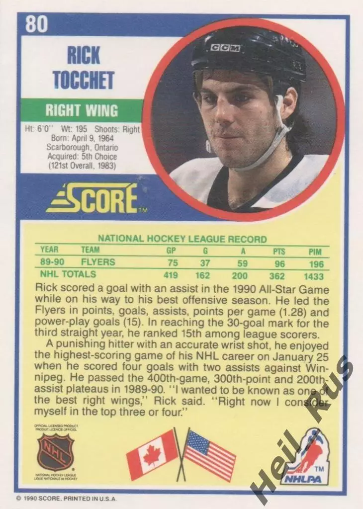 Карточка Rick Tocchet/Рик Токкет Philadelphia Flyers/Филадельфия Флайерз НХЛ/NHL 1