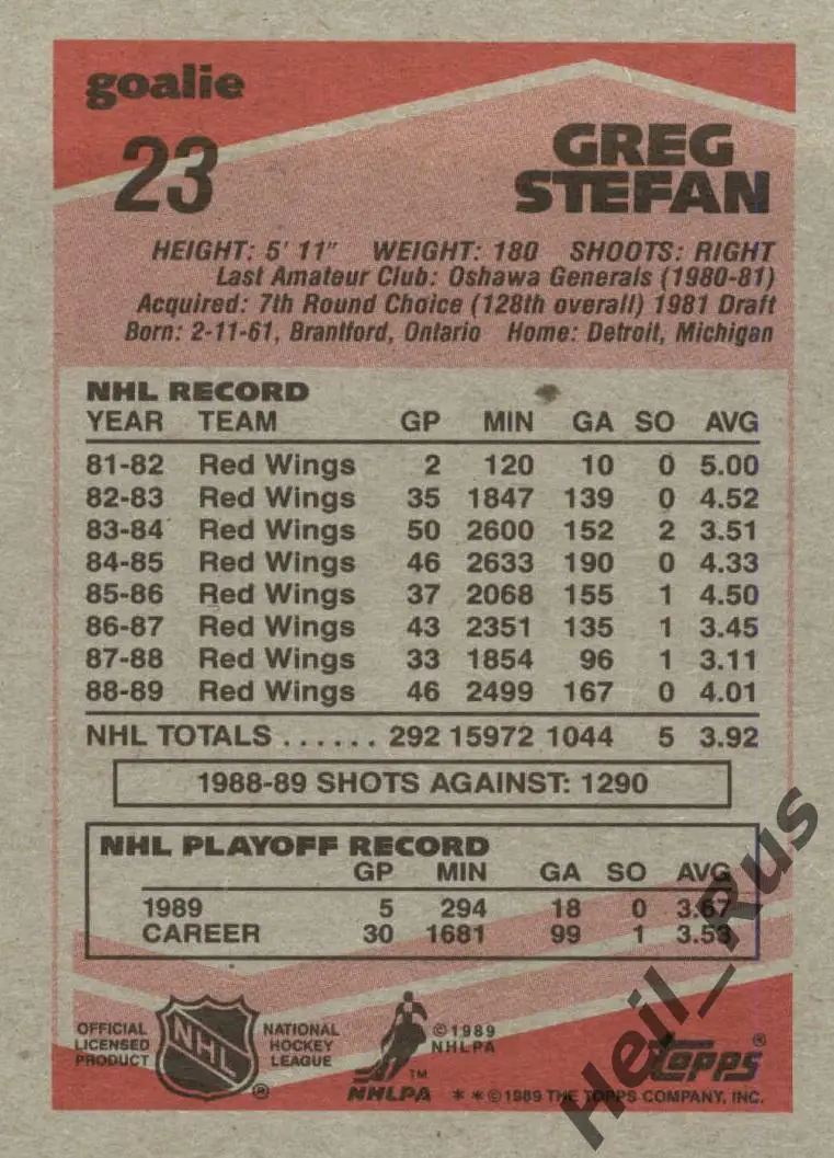 Хоккей. Карточка Greg Stefan/Грег Стефан (Detroit Red Wings/Детройт) НХЛ/NHL 1