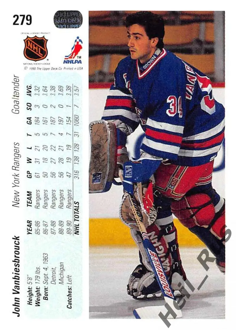 Карточка John Vanbiesbrouck/Джон Ванбисбрук (New York Rangers/Рейнджерс) NHL/НХЛ 1