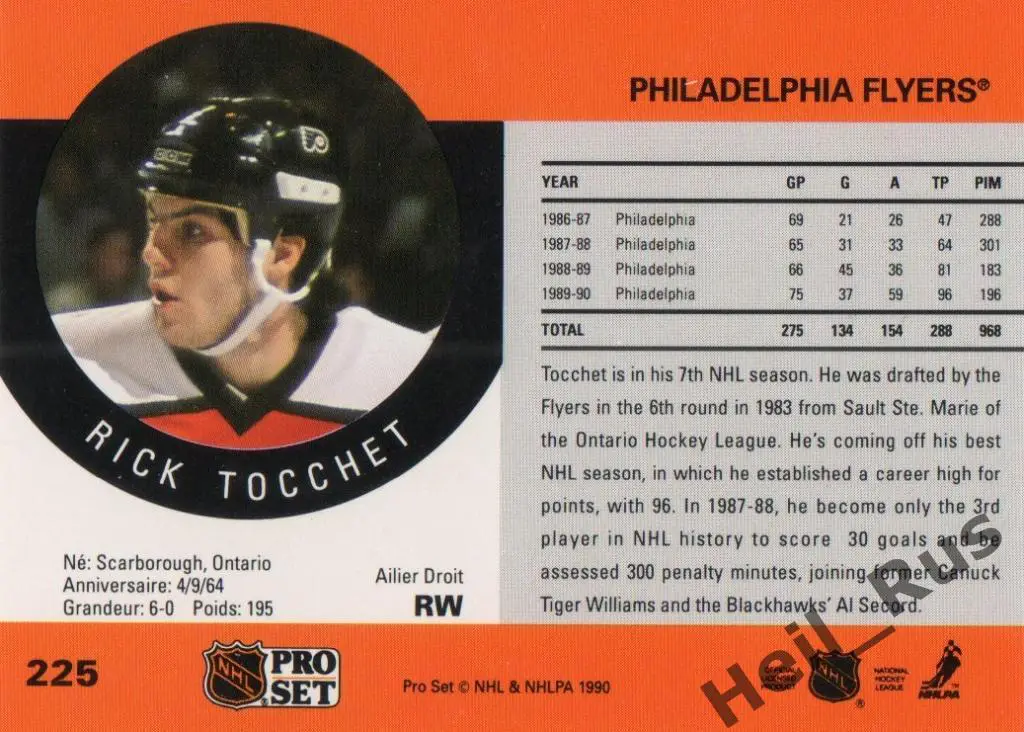 Хоккей. Карточка Rick Tocchet/Рик Токкет Philadelphia Flyers/Филадельфия НХЛ/NHL 1