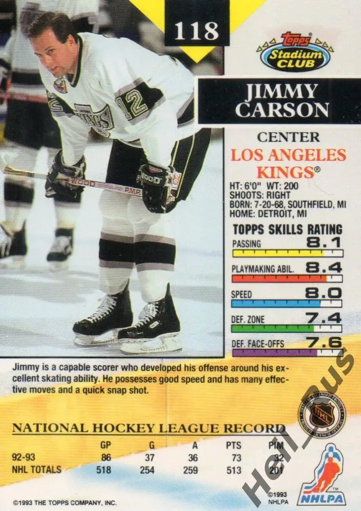 Хоккей Карточка Jimmy Carson / Джимми Карсон (Los Angeles Kings / Кингз) НХЛ/NHL 1