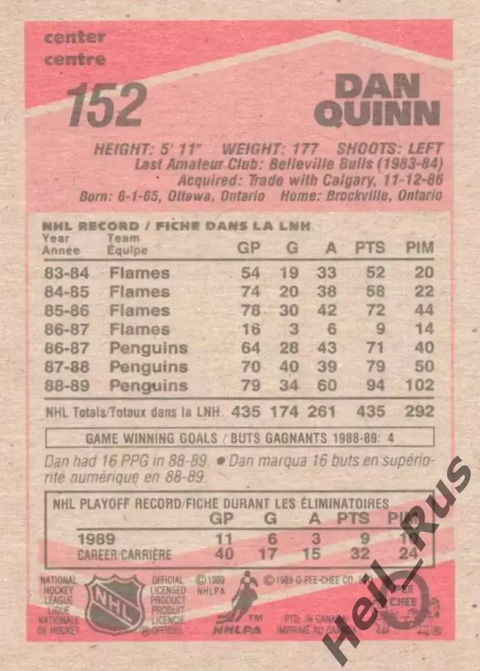 Хоккей. Карточка Dan Quinn/Дэн Куинн (Pittsburgh Penguins/Питтсбург) НХЛ/NHL 1