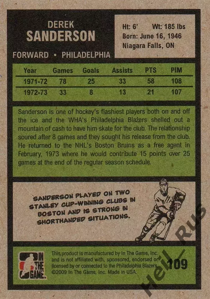 Карточка Sanderson/Дерек Сандерсон Philadelphia Blazers/Филадельфия WHA/ВХА, НХЛ 1