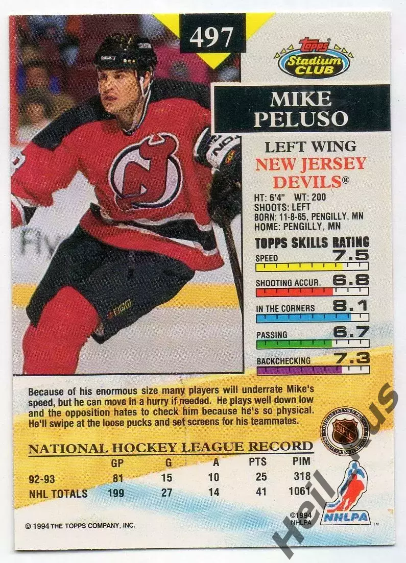 Хоккей. Карточка Mike Peluso/Майк Пелузо (New Jersey Devils/Нью-Джерси) НХЛ/NHL 1