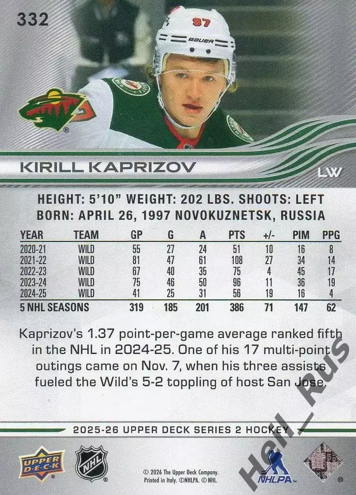 Карточка Кирилл Капризов Миннесота Уайлд/ЦСКА/Металлург Новокузнецк НХЛ NHL КХЛ 1