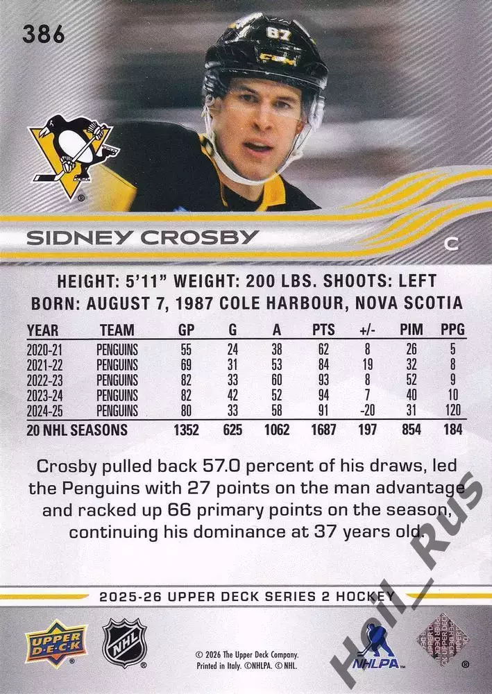 Карточка S. Crosby/Сидни Кросби (Pittsburgh Penguins/Питтсбург Пингвинз) NHL НХЛ 1