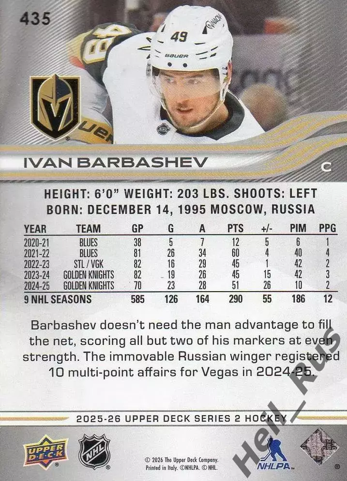 Хоккей; Карточка Иван Барбашев Vegas Golden Knights/Вегас, Динамо Москва НХЛ/NHL 1