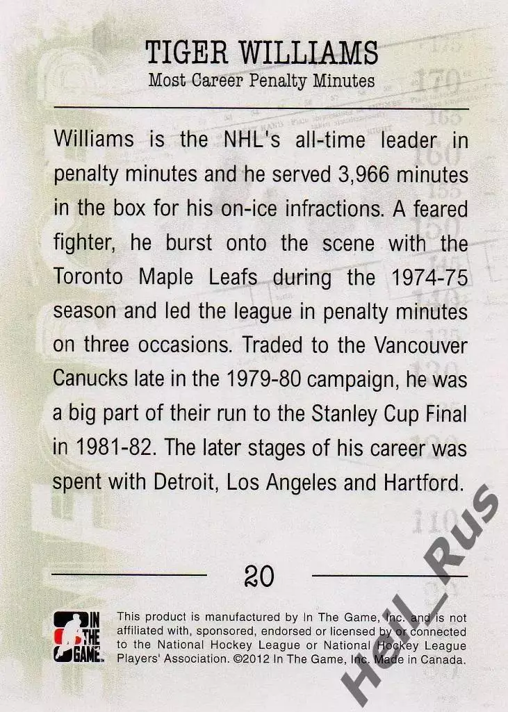 Карточка Tiger Williams/Тайгер Уильямс (Toronto Maple Leafs/Торонто) НХЛ/NHL 1