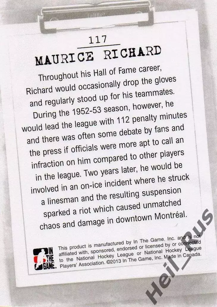 Хоккей; Карточка Maurice Richard/Морис Ришар Montreal Canadiens/Монреаль НХЛ/NHL 1