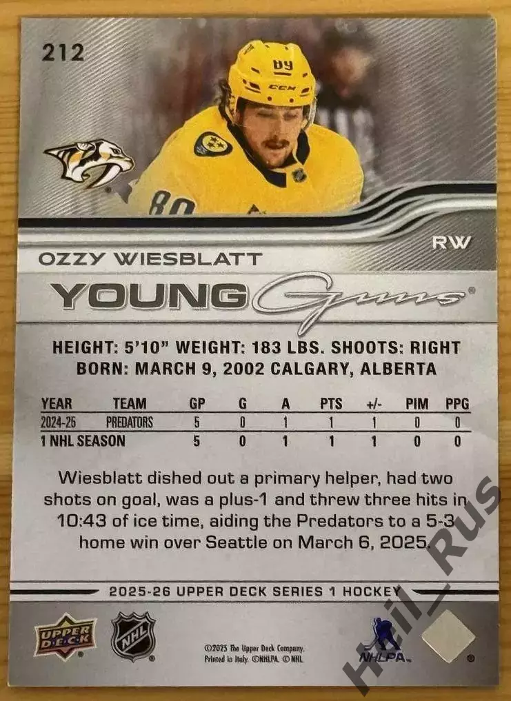 Хоккей Карточка Ozzy Wiesblatt/Оззи Висблатт Nashville Predators/Нэшвилл НХЛ/NHL 1