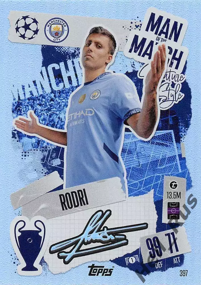 Карточка Rodri/Родри Манчестер Сити/Атлетико Мадрид Лига Чемпионов 2024-25 TOPPS