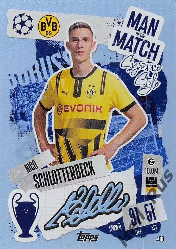 Футбол. Карточка Нико Шлоттербек Боруссия Дортмунд Лига Чемпионов 2024-25 TOPPS
