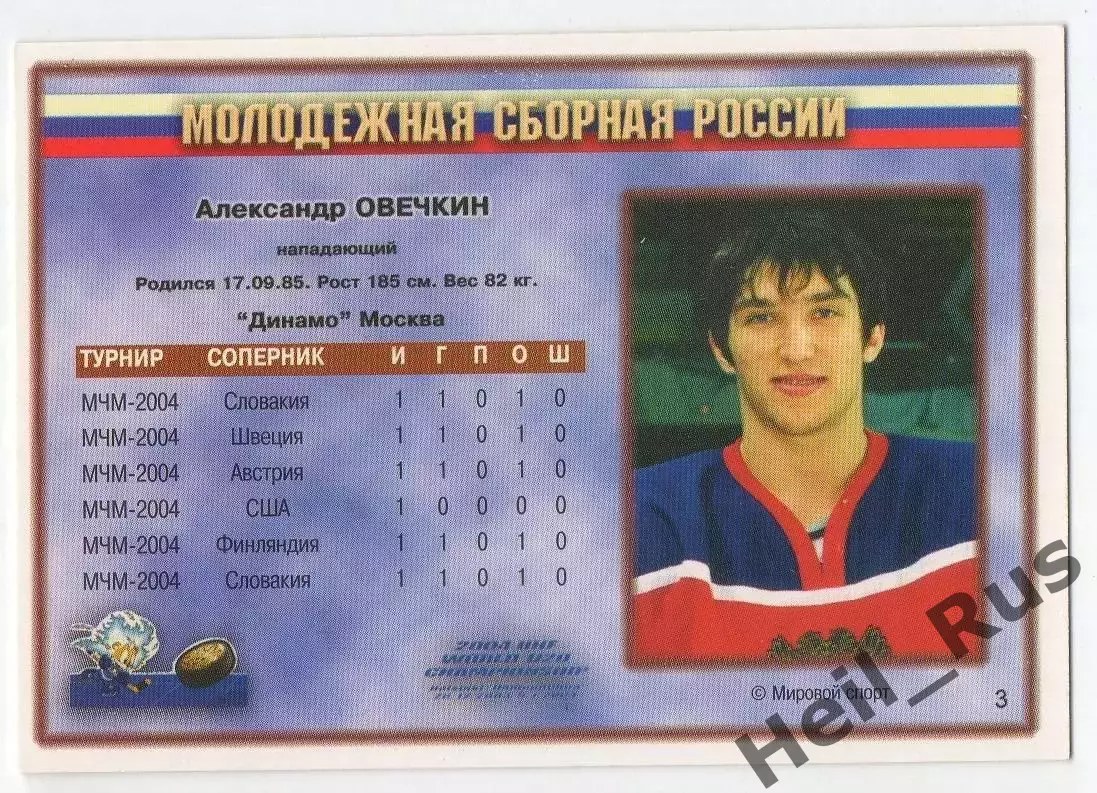 Карточка Александр Овечкин (Россия/Динамо Москва) Молодежный Чемпионат Мира 2004 1