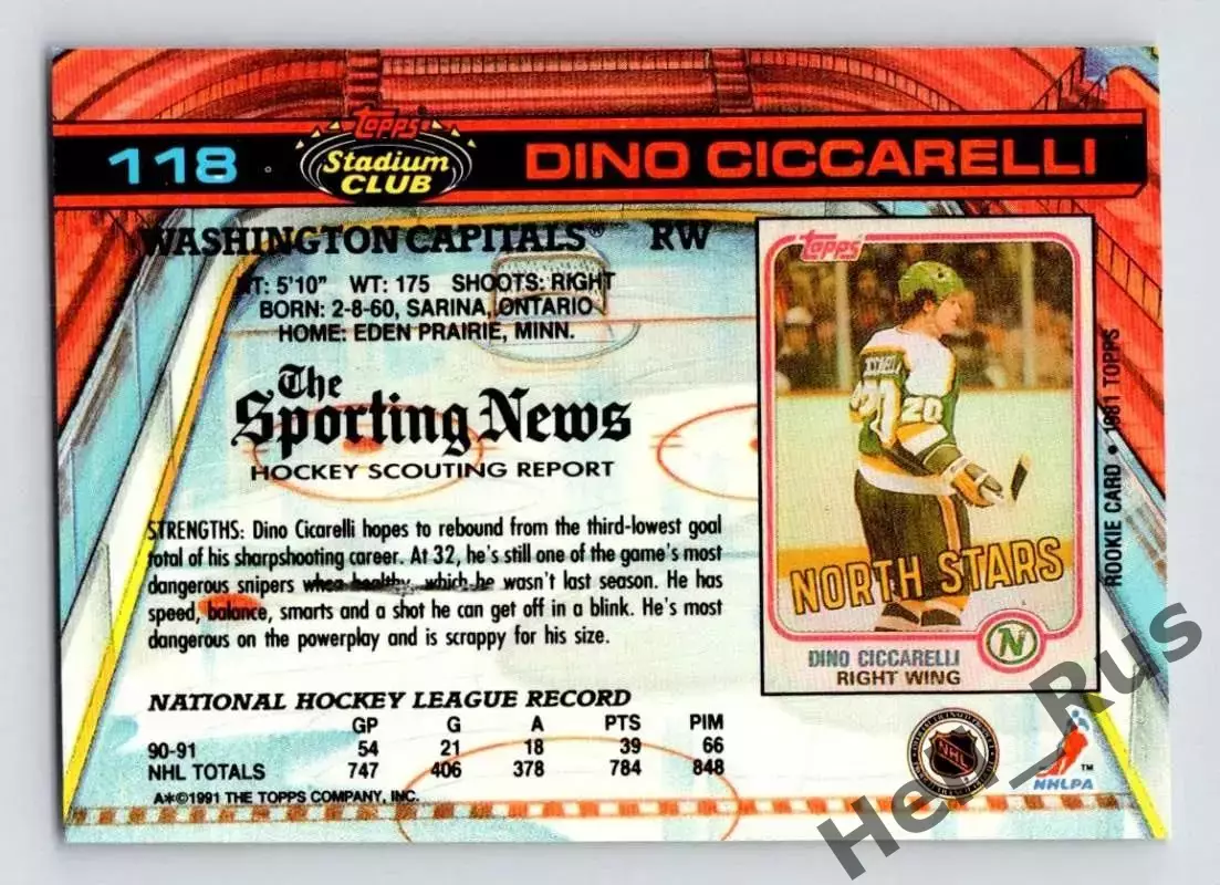 Карточка Dino Ciccarelli/Дино Сиссарелли (Washington Capitals/Вашингтон) NHL НХЛ 1