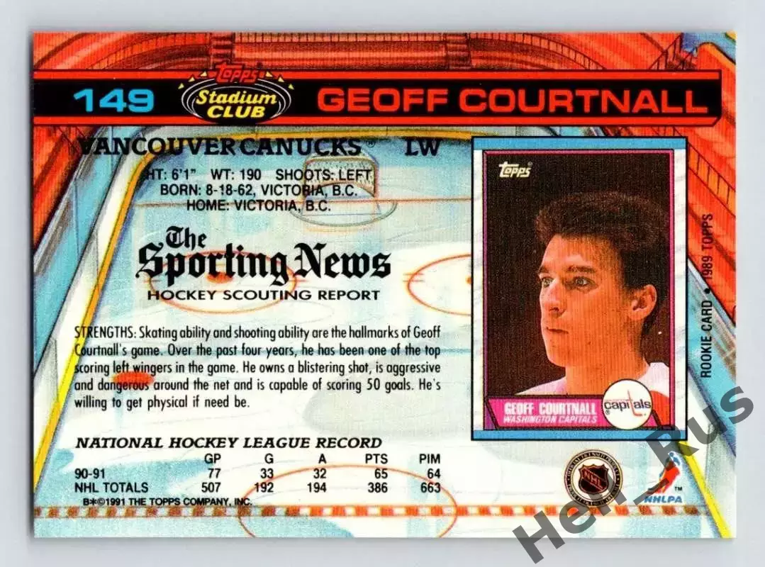 Карточка G. Courtnall/Джефф Куртнолл (Vancouver Canucks/Ванкувер Кэнакс) НХЛ/NHL 1