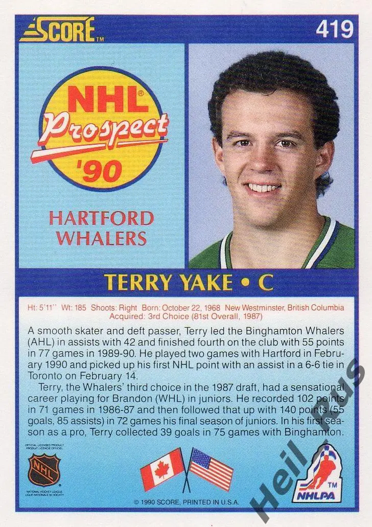 Хоккей. Карточка Terry Yake/Терри Як (Hartford Whalers/Хартфорд Уэйлерс) НХЛ/NHL 1