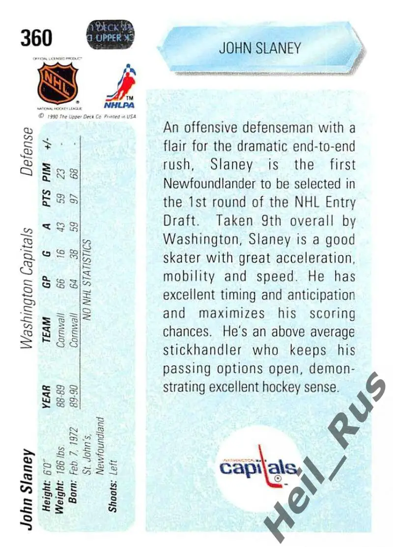 Хоккей. Карточка John Slaney/Джон Слэйни (Washington Capitals/Вашингтон) НХЛ/NHL 1