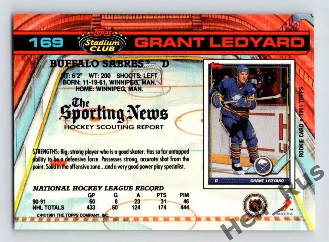 Карточка Grant Ledyard/Грант Ледьярд (Buffalo Sabres/Баффало Сейбрз) НХЛ/NHL 1