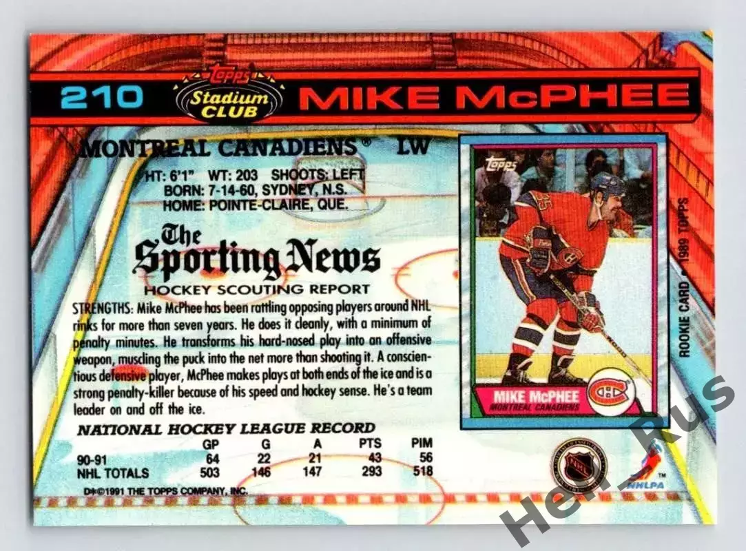 Карточка Mike McPhee/Майк Макфи (Montreal Canadiens/Монреаль Канадиенс) НХЛ/NHL 1