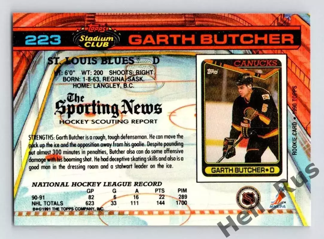 Хоккей Карточка Garth Butcher/Гарт Батчер St. Louis Blues/Сент-Луис Блюз NHL/НХЛ 1