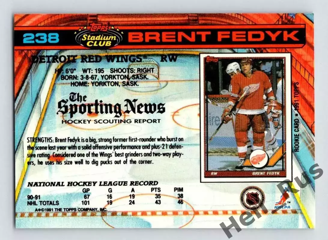 Карточка Brent Fedyk/Брент Федык (Detroit Red Wings/Детройт Ред Уингз) НХЛ/NHL 1