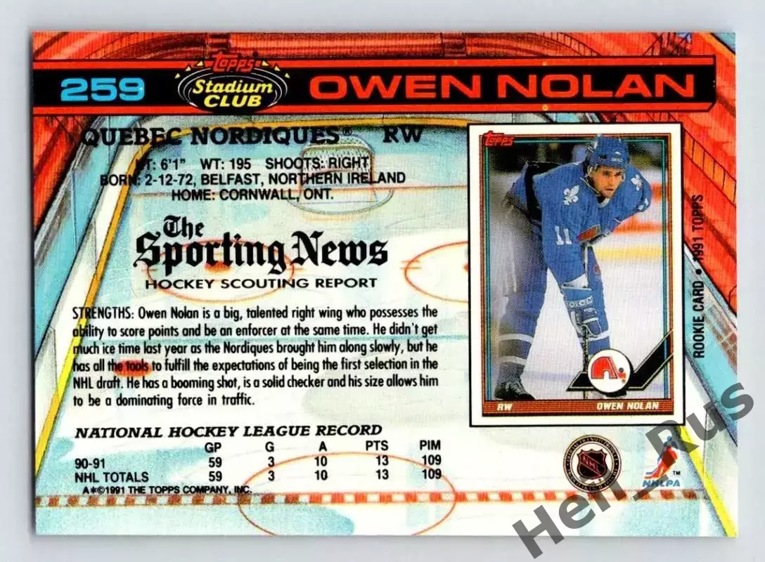 Хоккей; Карточка Owen Nolan/Оуэн Нолан (Quebec Nordiques/Квебек Нордикс) НХЛ/NHL 1