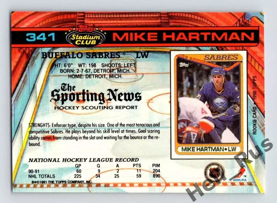 Хоккей; Карточка Mike Hartman/Майк Хартман Buffalo Sabres/Баффало Сейбрз НХЛ/NHL 1
