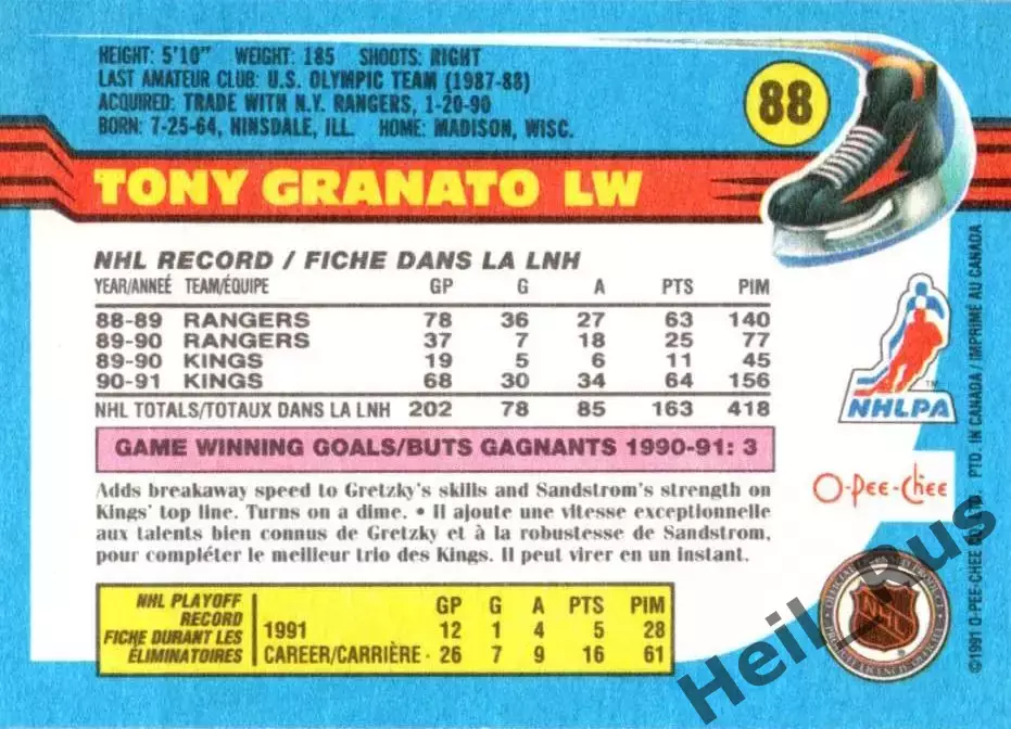 Карточка Tony Granato/Тони Гранато Los Angeles Kings/Лос-Анджелес Кингз; НХЛ/NHL 1