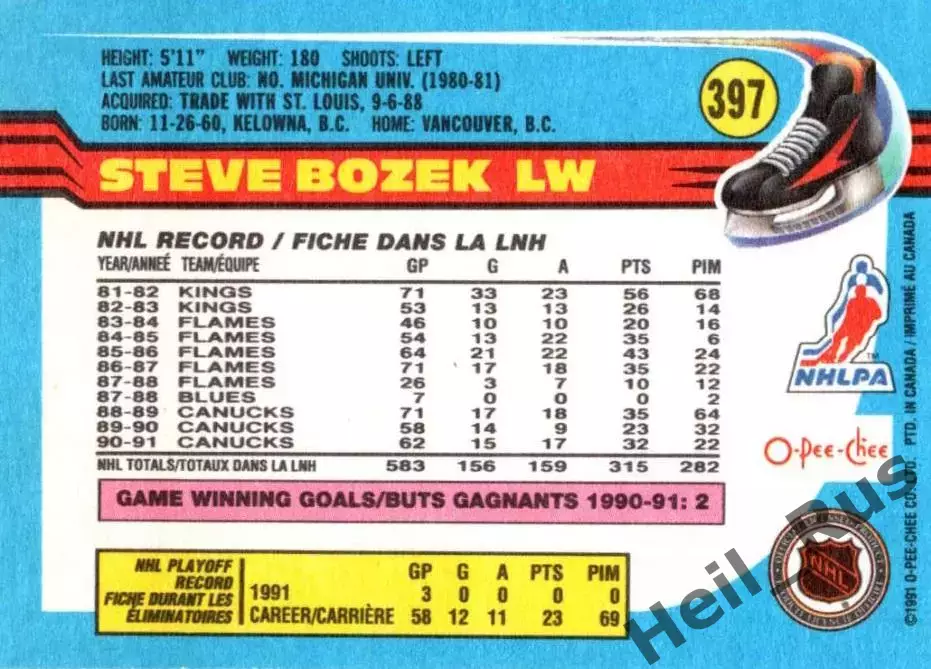 Хоккей Карточка Steve Bozek/Стив Бозек Vancouver Canucks/Ванкувер Кэнакс NHL НХЛ 1